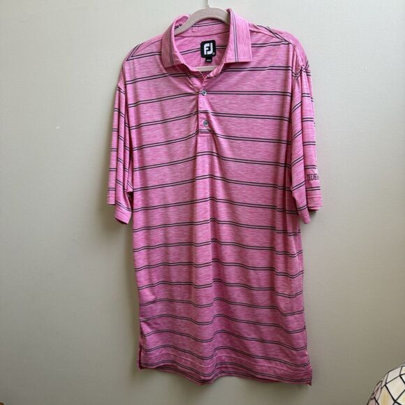 Footjoy FJ Men's  Pink Striped Golf Polo Shirt Polyester With Club Logo Size M - Picture 1 of 6
